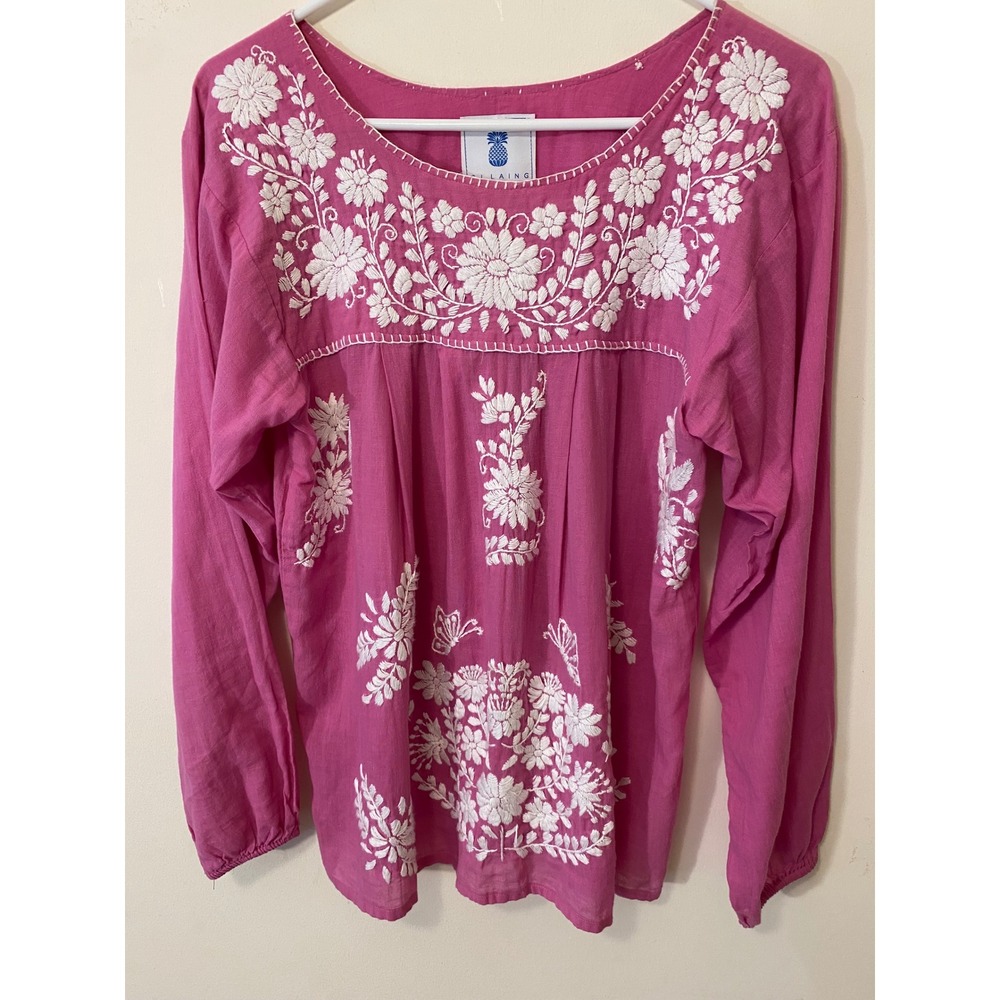 Boho Embroidered Blouse Pink Floral Cottagecore Peasant Top Womens M - Picture 2 of 13